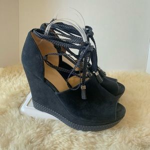 Michael Kors Suede Open Toe Wedge Heels Navy Sz 10